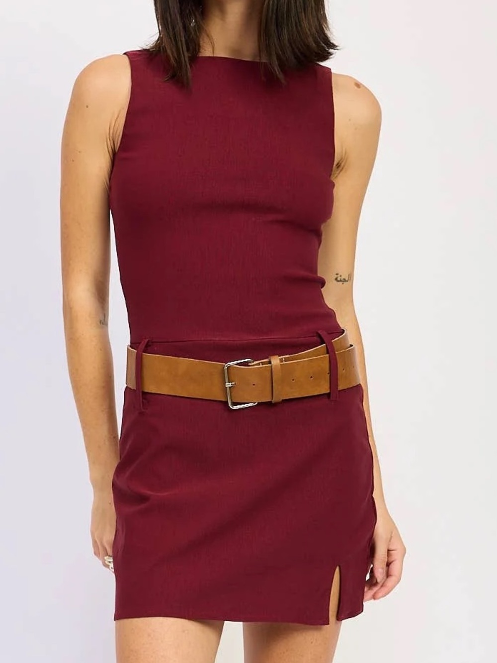 Emory Park Boat Neck Belted Mini Dress Burgundy